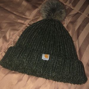 Carhartt olive green and grey fluffy ball beanie